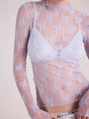 NWOT Free People Light Blue Sheer Lace Long Sleeve Top